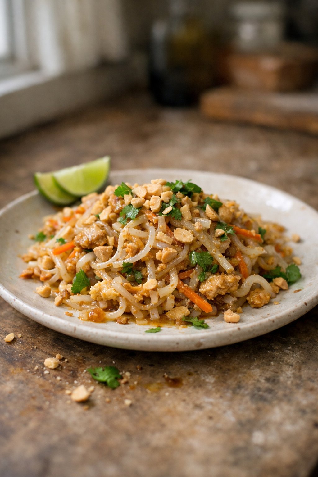 A plate of Shirataki noodle pad thai on a worn wooden surface in a home kitchen, with natural light and casual plating.