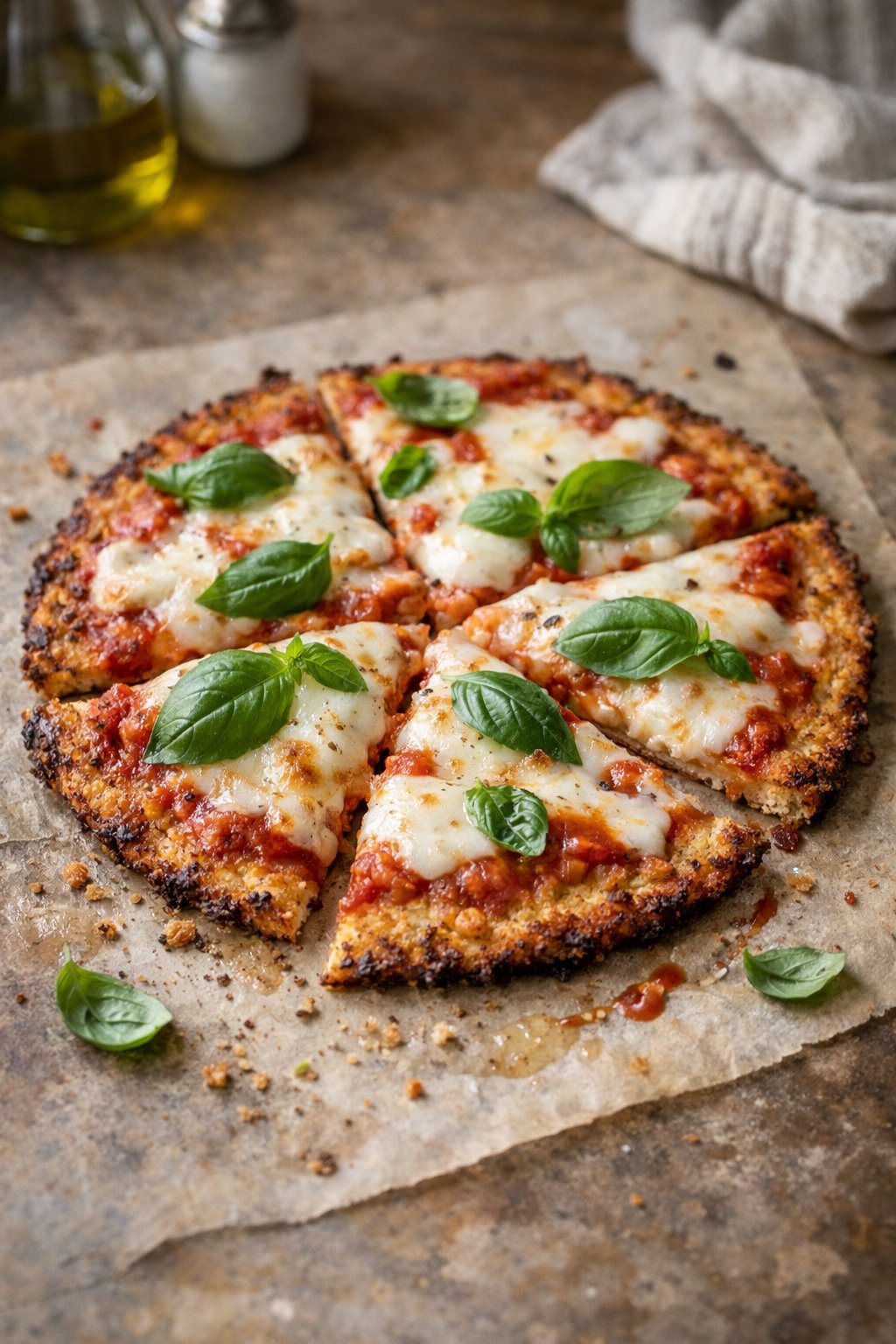A cauliflower crust pizza with mozzarella and basil on a worn wooden surface in a home kitchen.