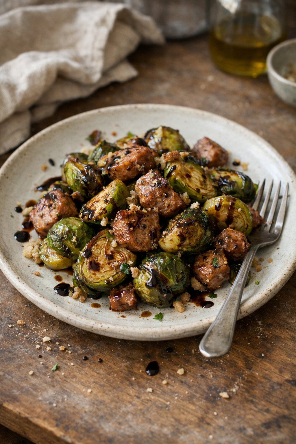 A plate of balsamic glazed Brussels sprouts with turkey sausage on a wooden surface in a home kitchen, softly lit by natural window light from the side.
