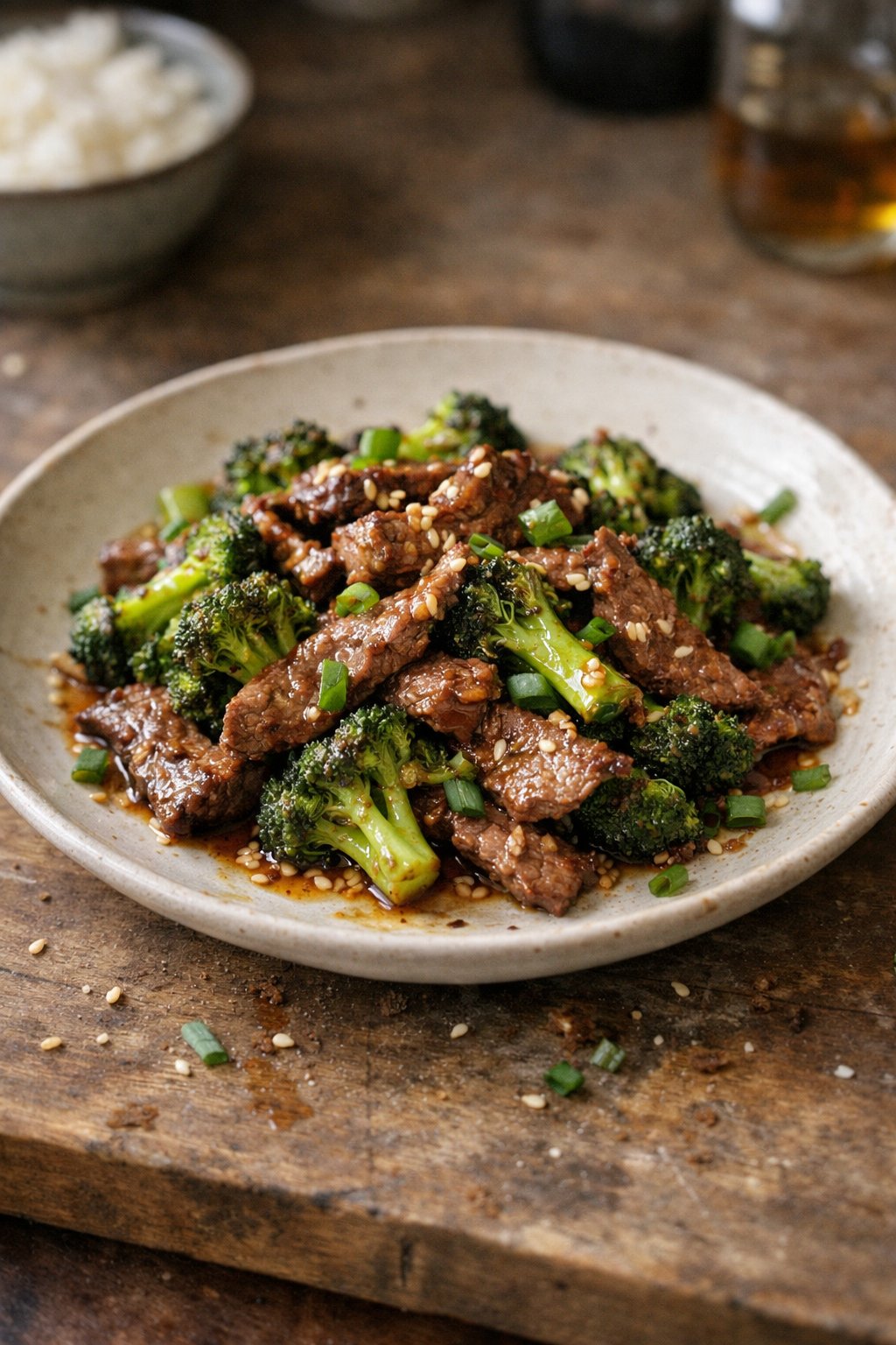 A plate of Asian-style beef and broccoli stir-fry on a worn wooden surface in a home kitchen, lit by soft natural window light from the side.