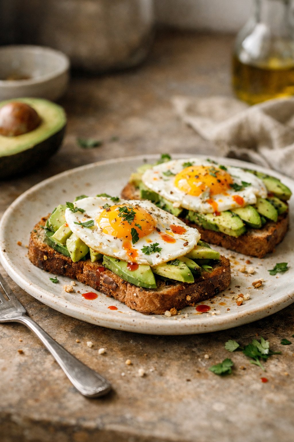 A plate of avocado and egg toast on a worn wooden surface in a home kitchen, softly lit by window light from the side.