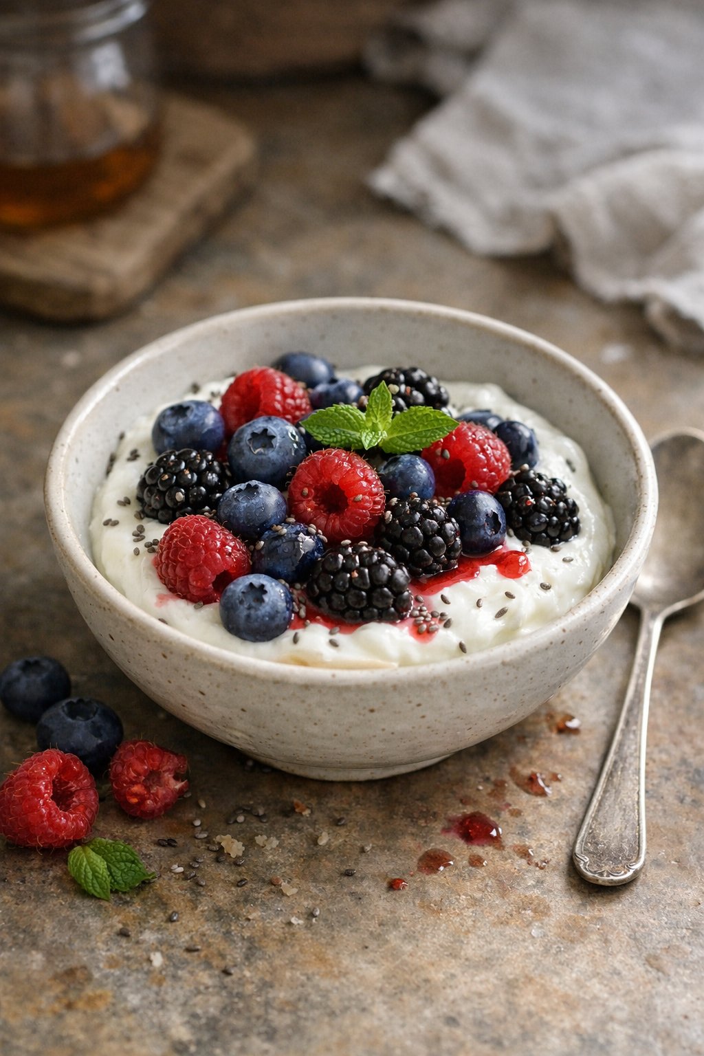 A bowl of Greek yogurt topped with mixed berries and chia seeds on a worn wooden surface in a home kitchen with natural light coming from the side.