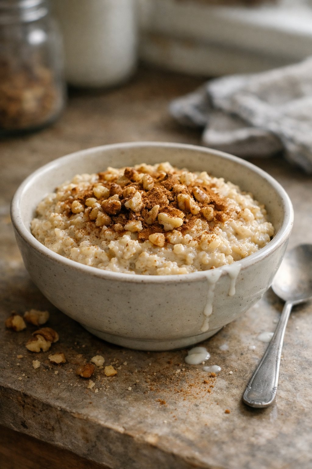 A bowl of oatmeal topped with cinnamon and walnuts on a worn kitchen surface, softly lit by window light with a blurred kitchen background.