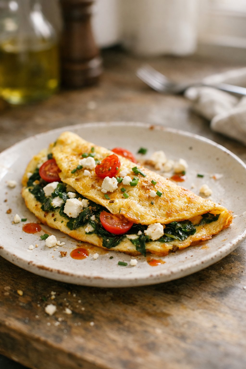 A casually plated spinach and feta omelette on a worn wooden surface in a home kitchen, softly lit by natural window light from the side.