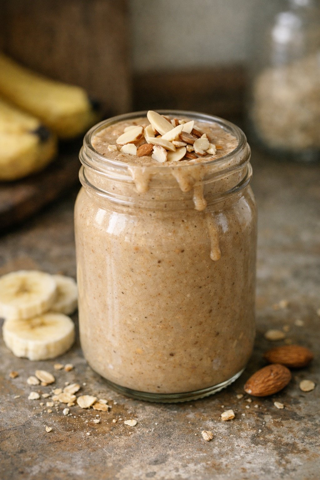 A glass jar of almond butter and banana smoothie on a worn wooden surface in a home kitchen, with banana slices and almond garnish visible.