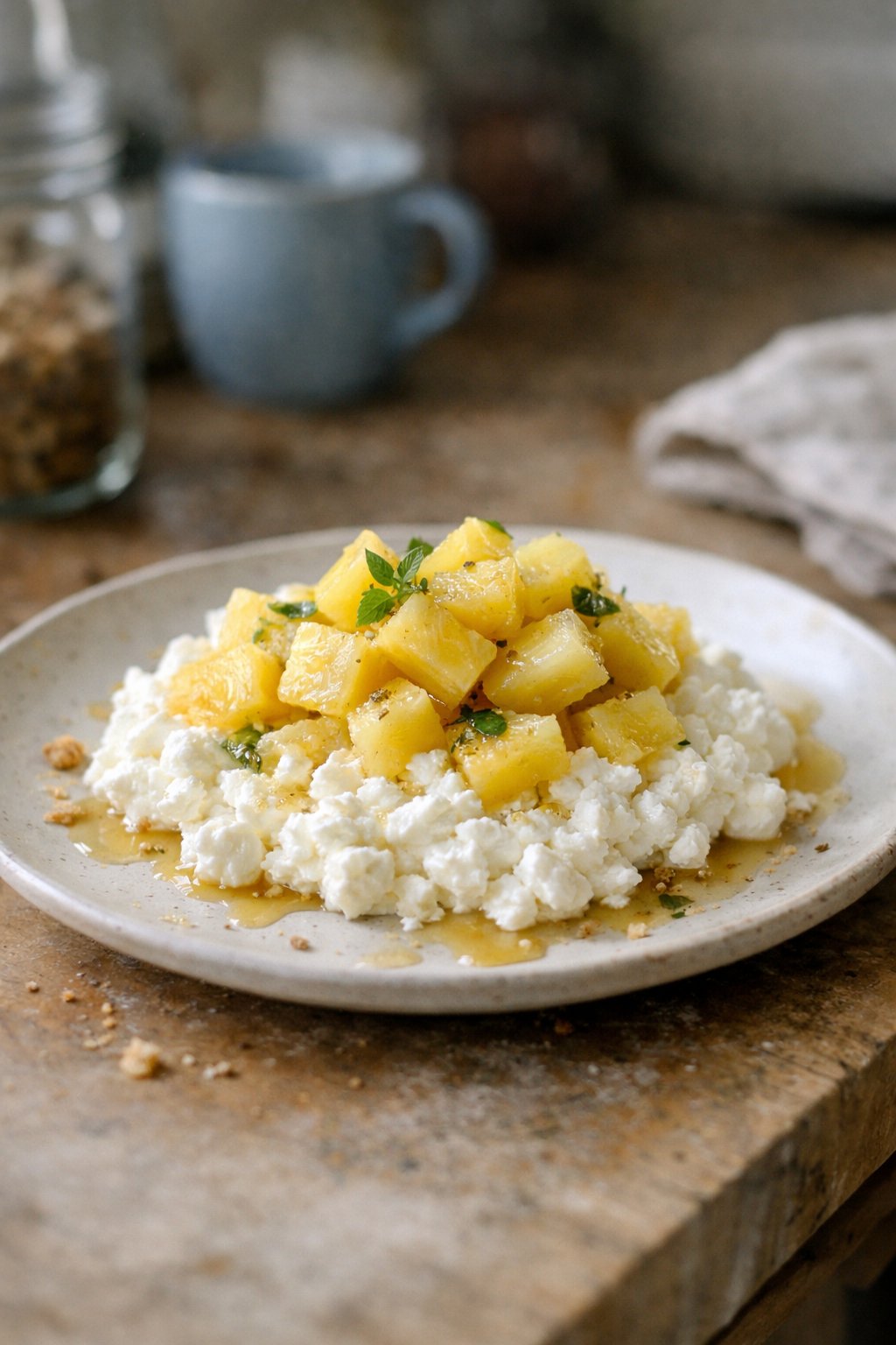 A casually plated breakfast of cottage cheese with pineapple on a worn wooden surface in a home kitchen, softly lit by window light from the side.