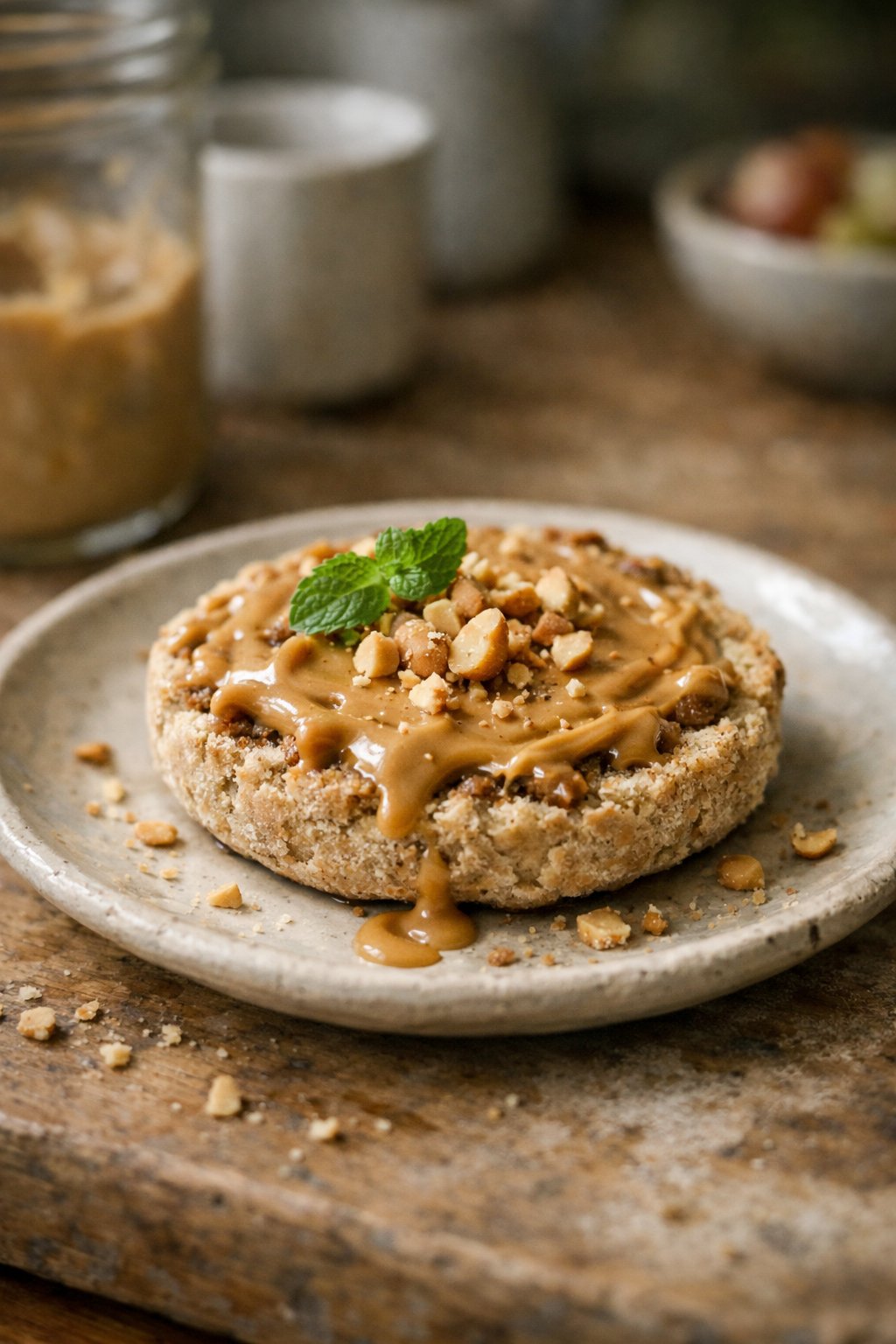 A whole grain English muffin with peanut butter on a worn wooden surface in a home kitchen, with crumbs and small imperfections visible.