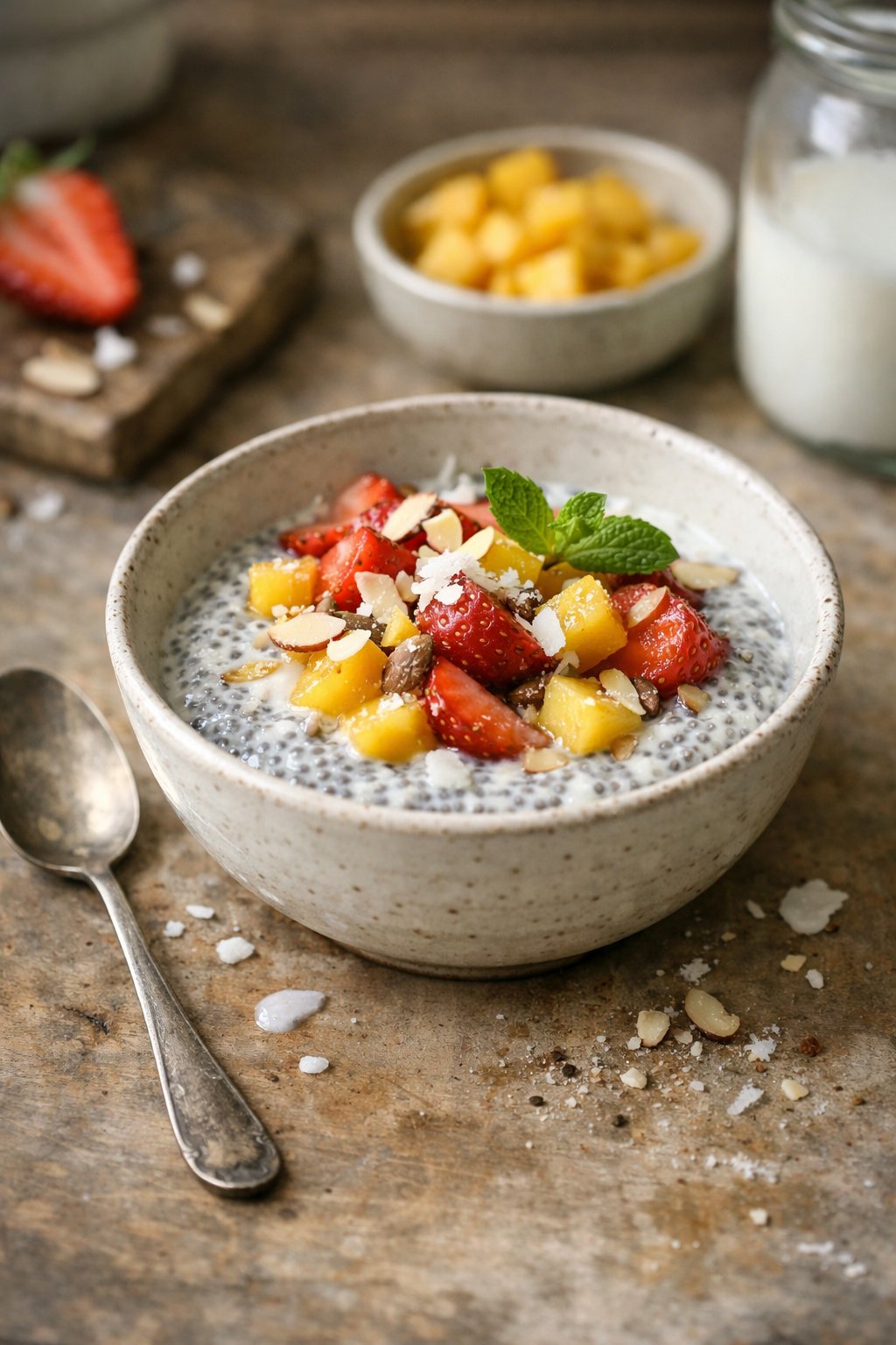 A bowl of chia pudding with coconut milk on a worn wooden surface in a home kitchen, softly lit by window light from the side.