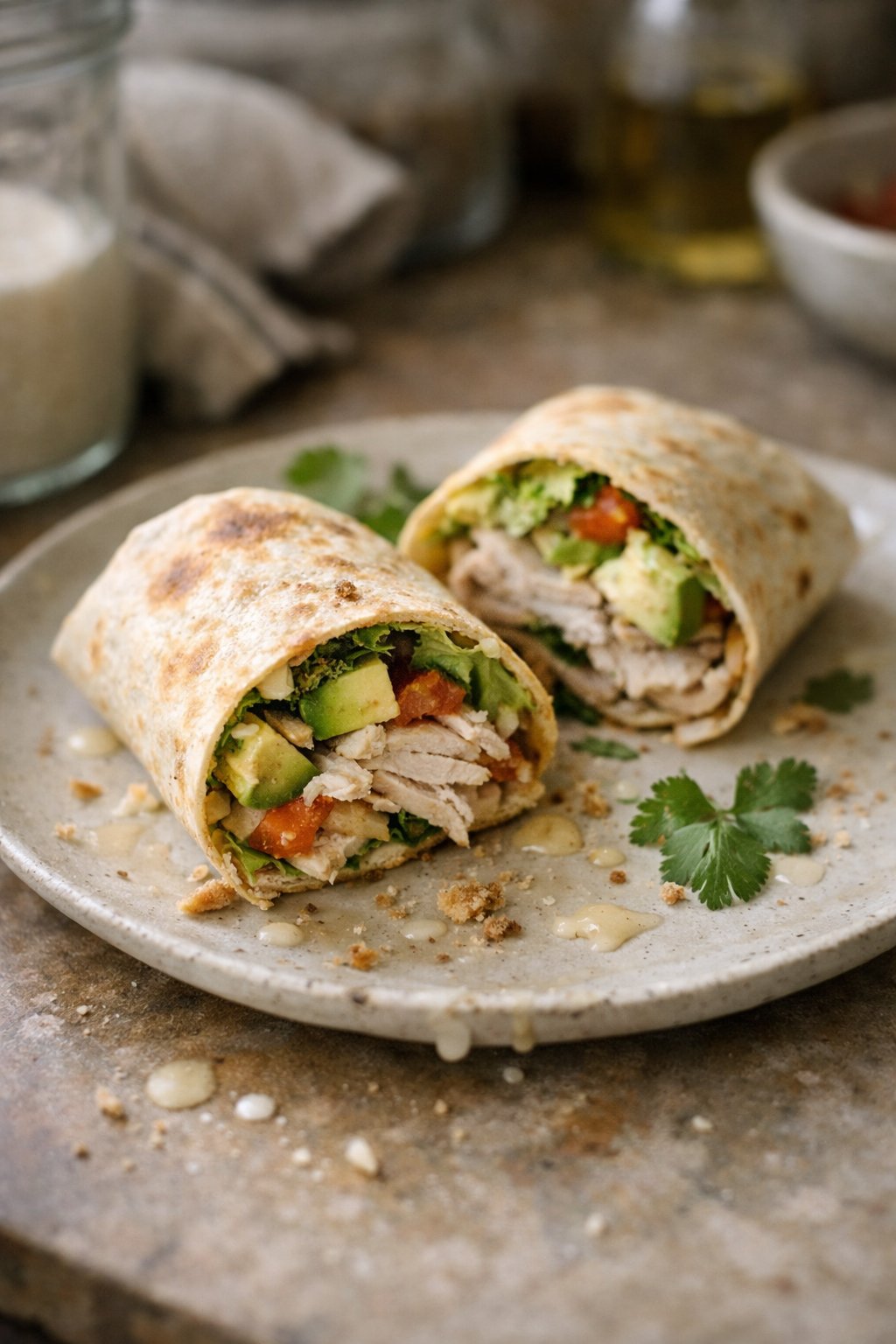 A turkey and avocado wrap sliced unevenly on a worn kitchen surface with crumbs and sauce drips, lit by natural window light from the side.