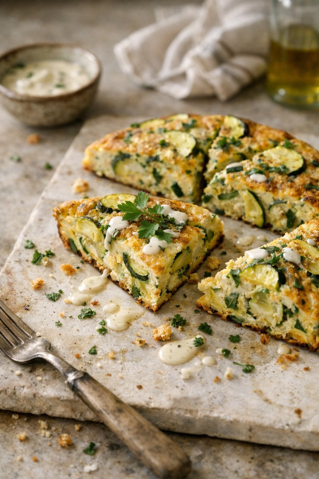 A plate of zucchini and herb frittata on a worn wooden surface in a home kitchen, with natural light and visible small imperfections like crumbs and sauce drips.