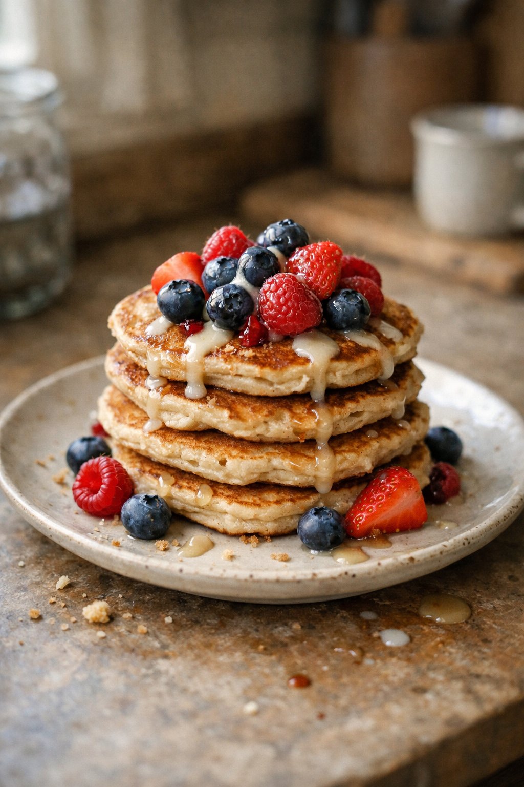 A stack of berry protein pancakes on a worn wooden surface in a home kitchen, topped with fresh berries and sauce, with crumbs and sauce drips visible around the plate.