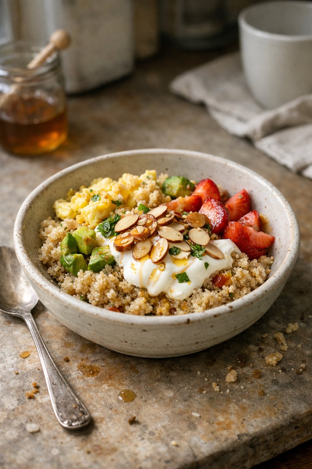 A quinoa breakfast bowl topped with almonds on a worn wooden surface in a home kitchen, softly lit by window light from the side.
