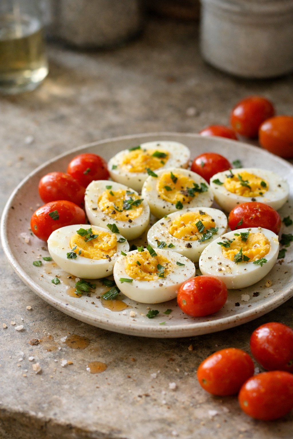 A plate with halved hard-boiled eggs and cherry tomatoes on a worn wooden surface in a home kitchen.