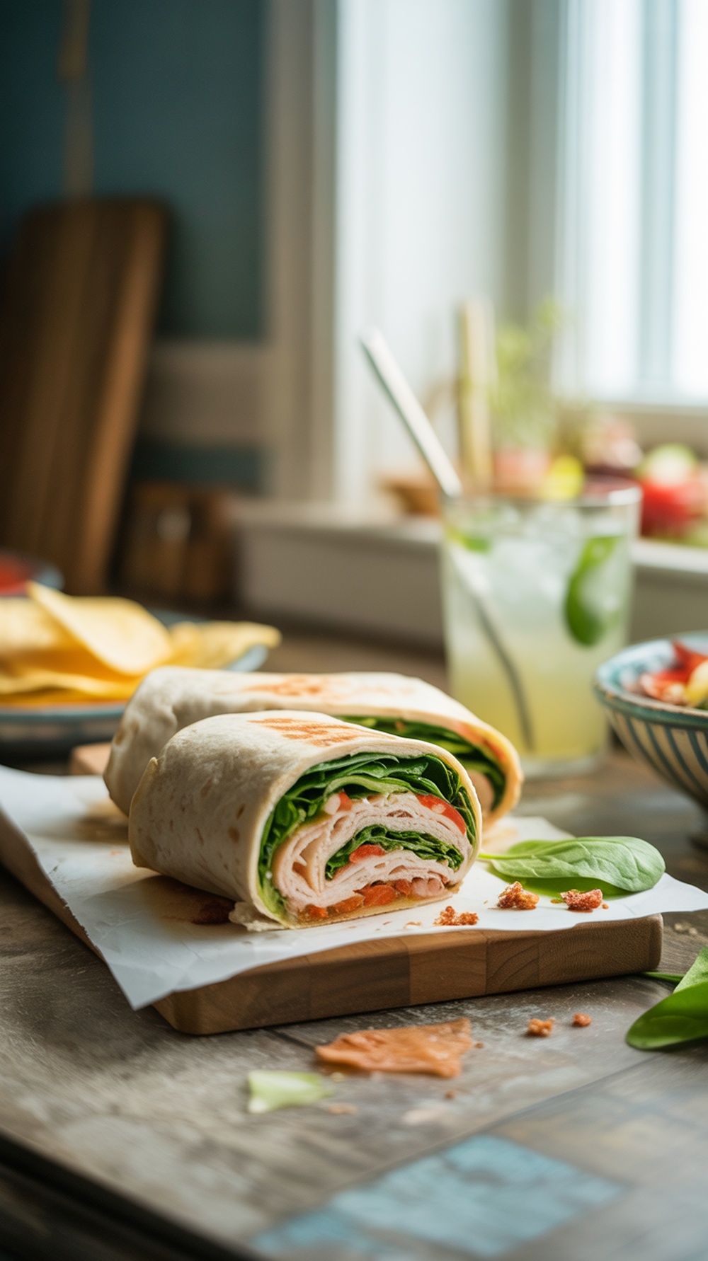 A turkey and spinach wrap cut in half, showcasing layers of turkey, spinach, and tomatoes.
