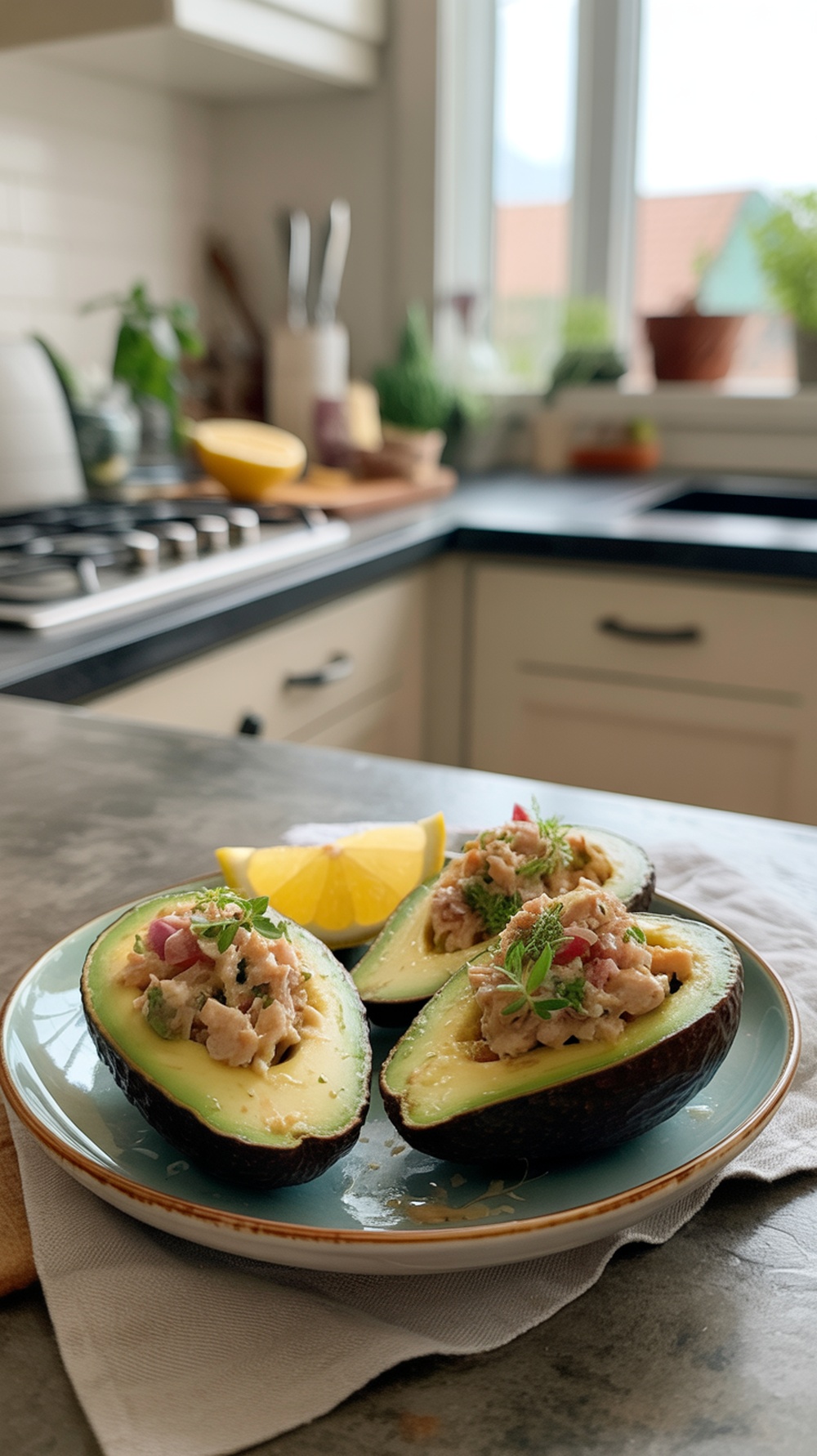 A plate of avocado halves filled with tuna salad, garnished with herbs and lemon slices.