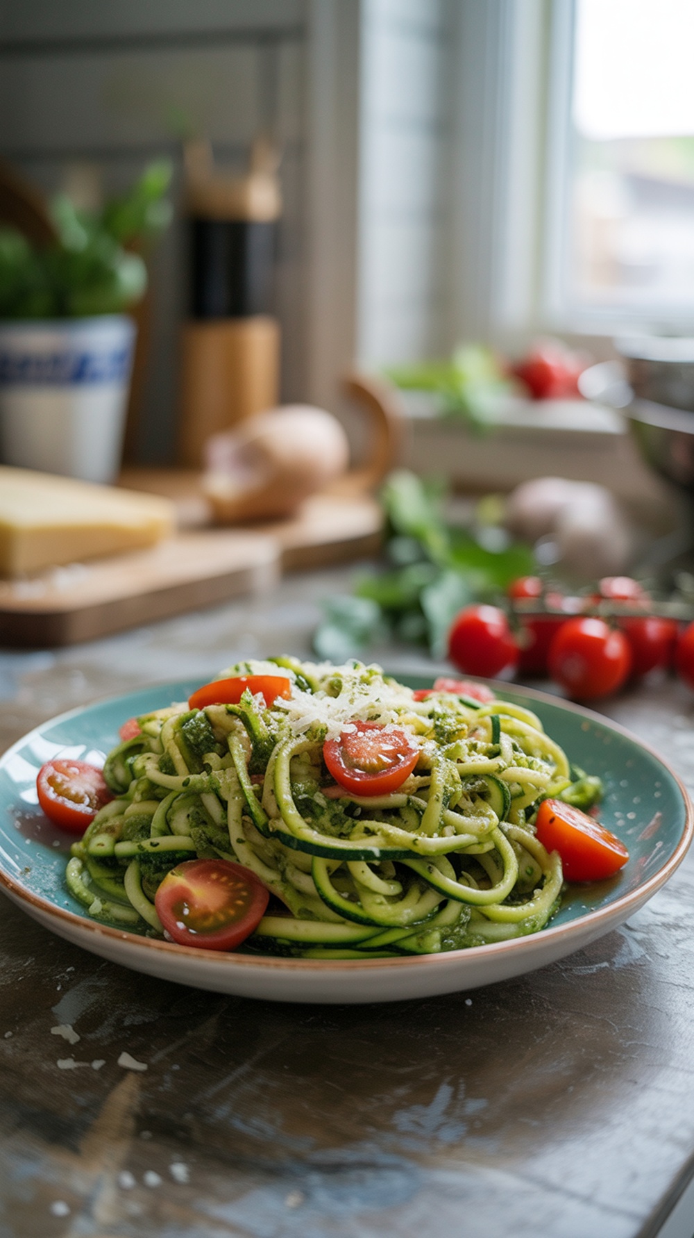 A plate of zucchini noodles with pesto and cherry tomatoes, garnished with cheese.