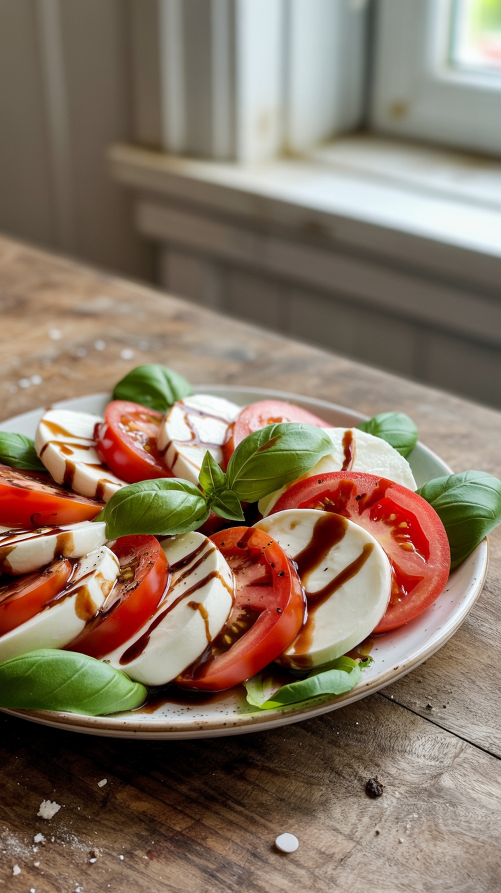 A fresh Caprese salad with sliced tomatoes, mozzarella, and basil drizzled with balsamic glaze.