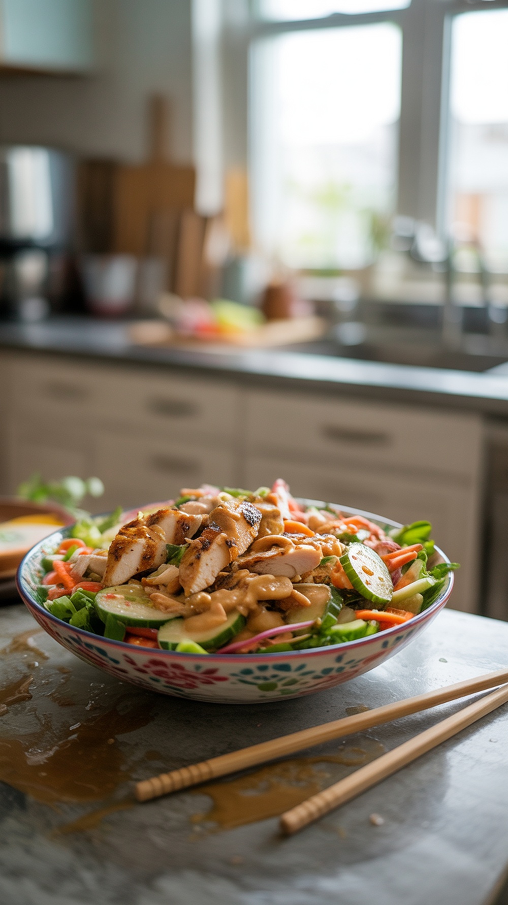A colorful Thai peanut chicken salad in a bowl with fresh vegetables and grilled chicken.