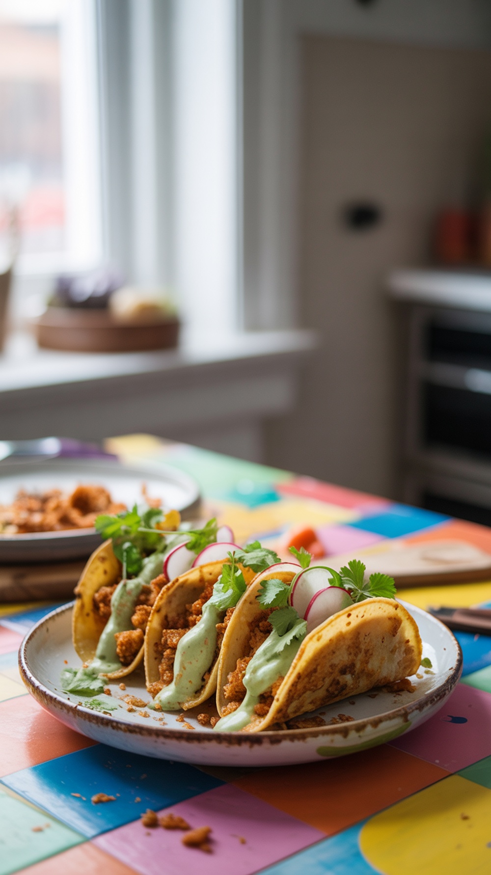 Crispy cauliflower tacos topped with lime crema, cilantro, and radishes on a colorful table.