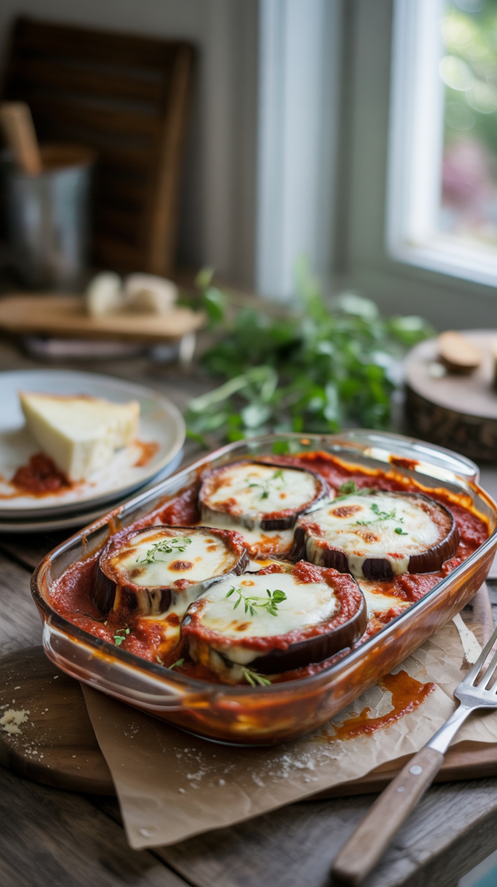 A delicious baked eggplant parmesan dish with layers of eggplant, marinara sauce, and melted cheese.