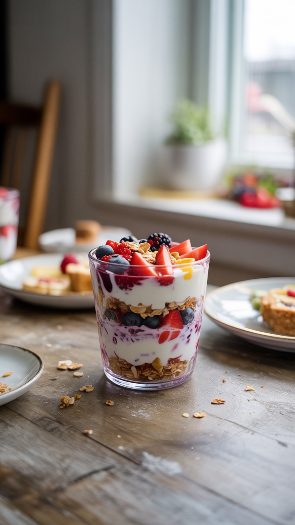 A colorful Greek yogurt parfait with layers of yogurt, berries, and granola in a glass.