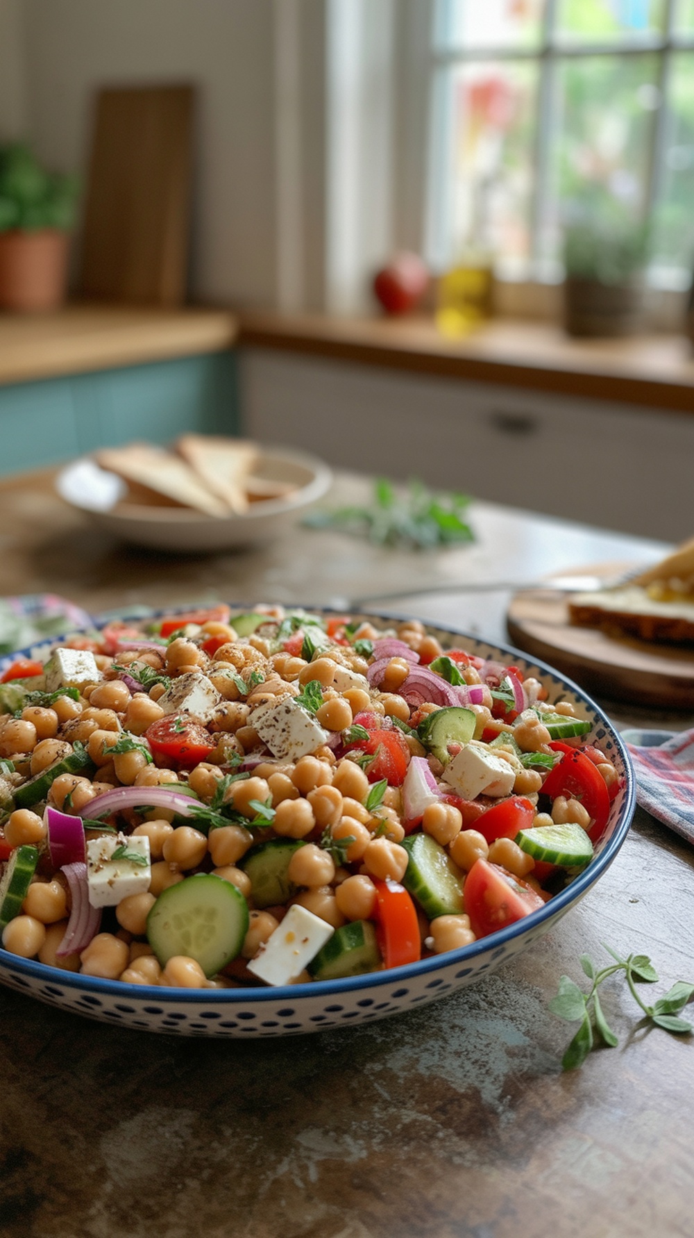A vibrant Mediterranean Chickpea Salad with colorful vegetables and feta cheese.