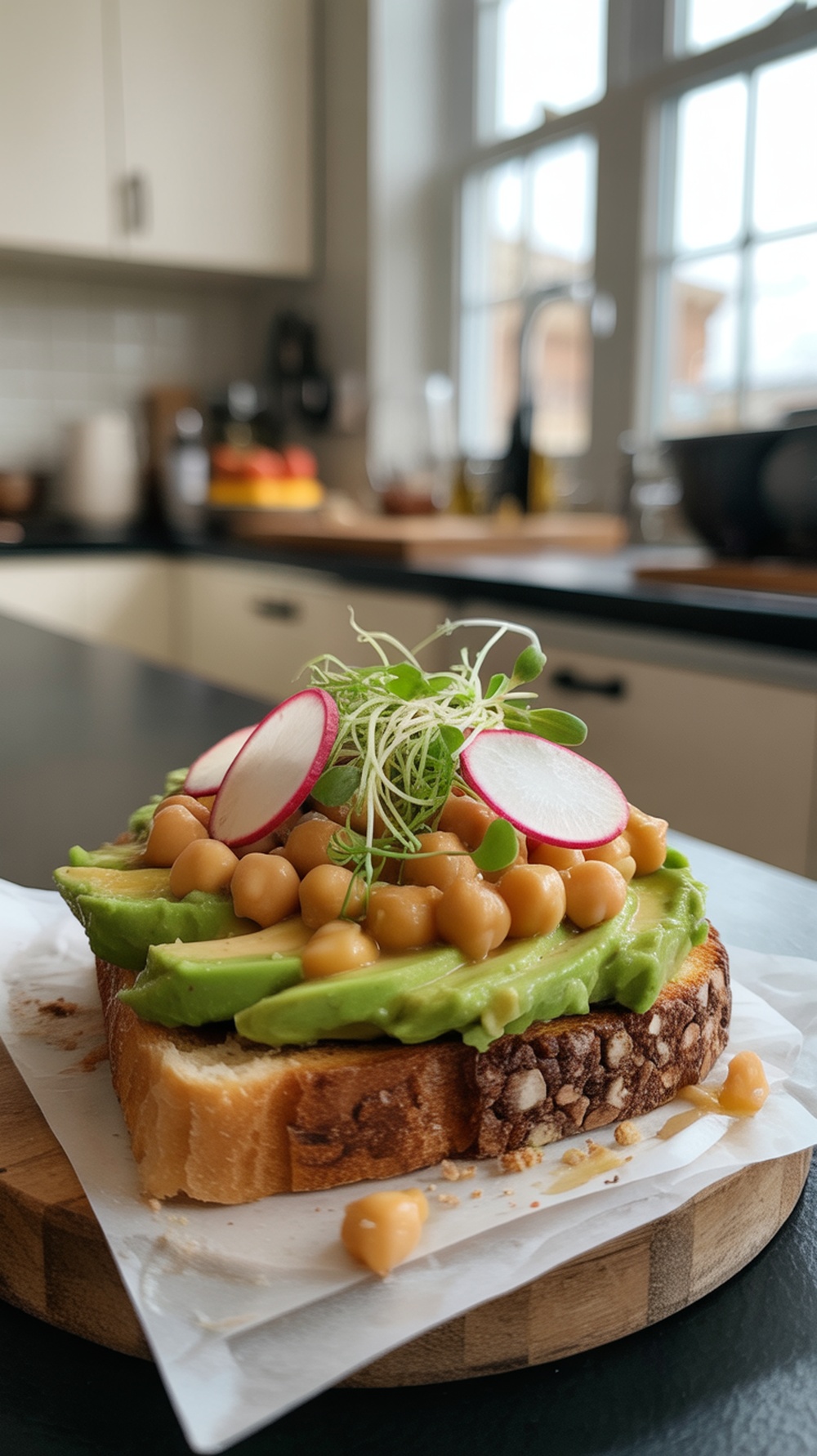 Chickpea and avocado toast topped with radishes and microgreens