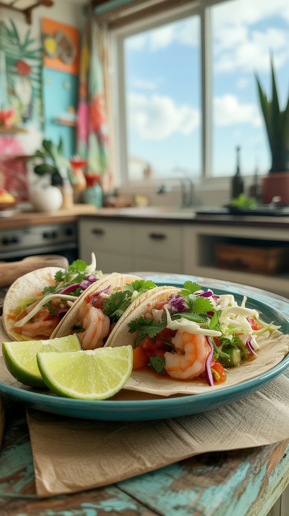 Three shrimp tacos with cabbage slaw and lime wedges on a plate.
