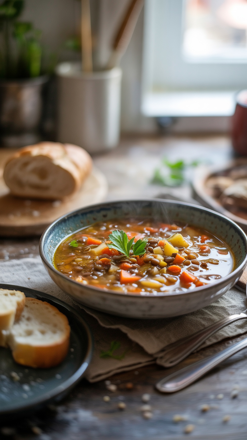 A bowl of hearty lentil and vegetable soup with bread on the side.
