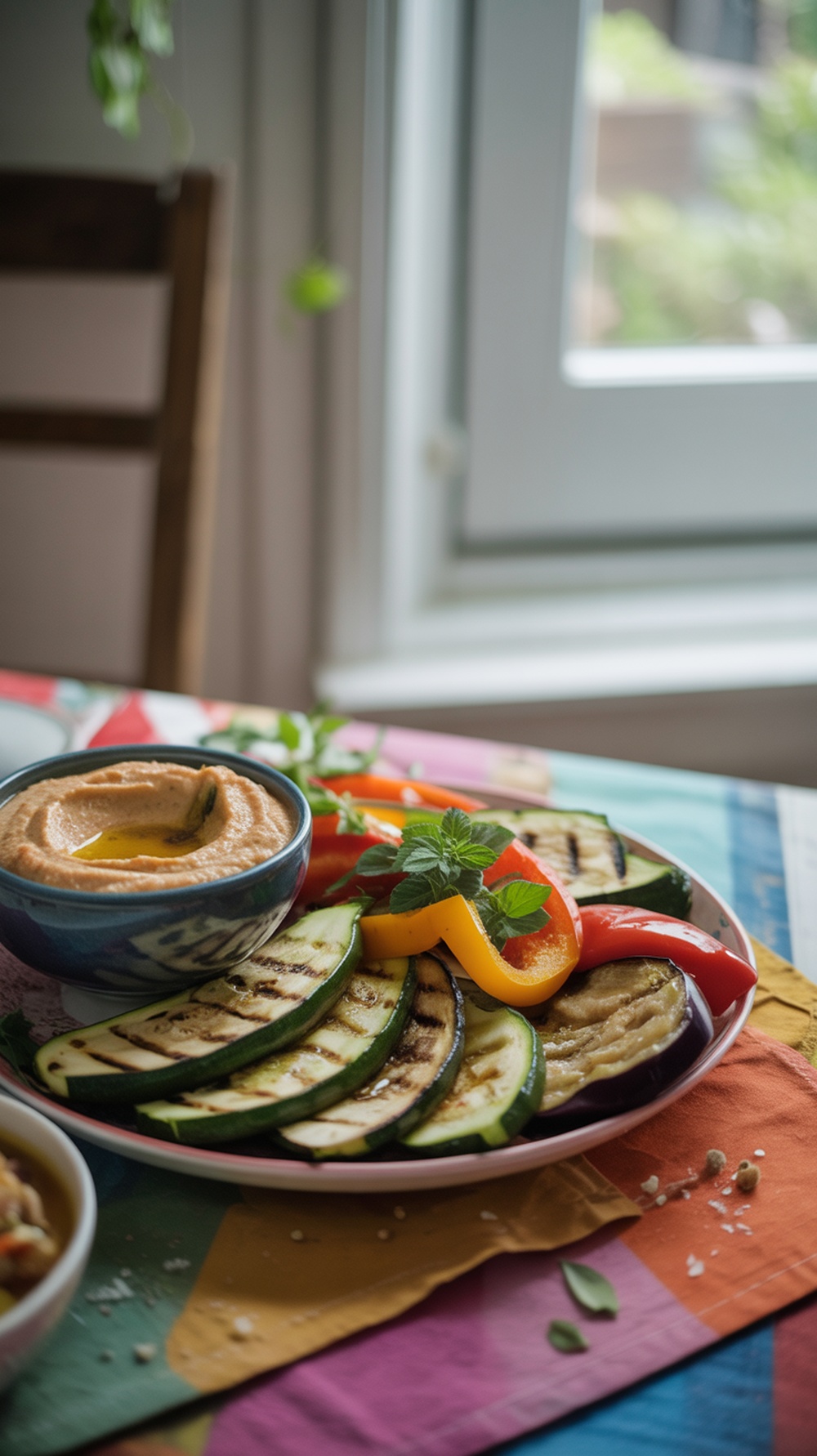 A colorful platter of grilled vegetables and hummus, showcasing zucchini, bell pepper, and eggplant.