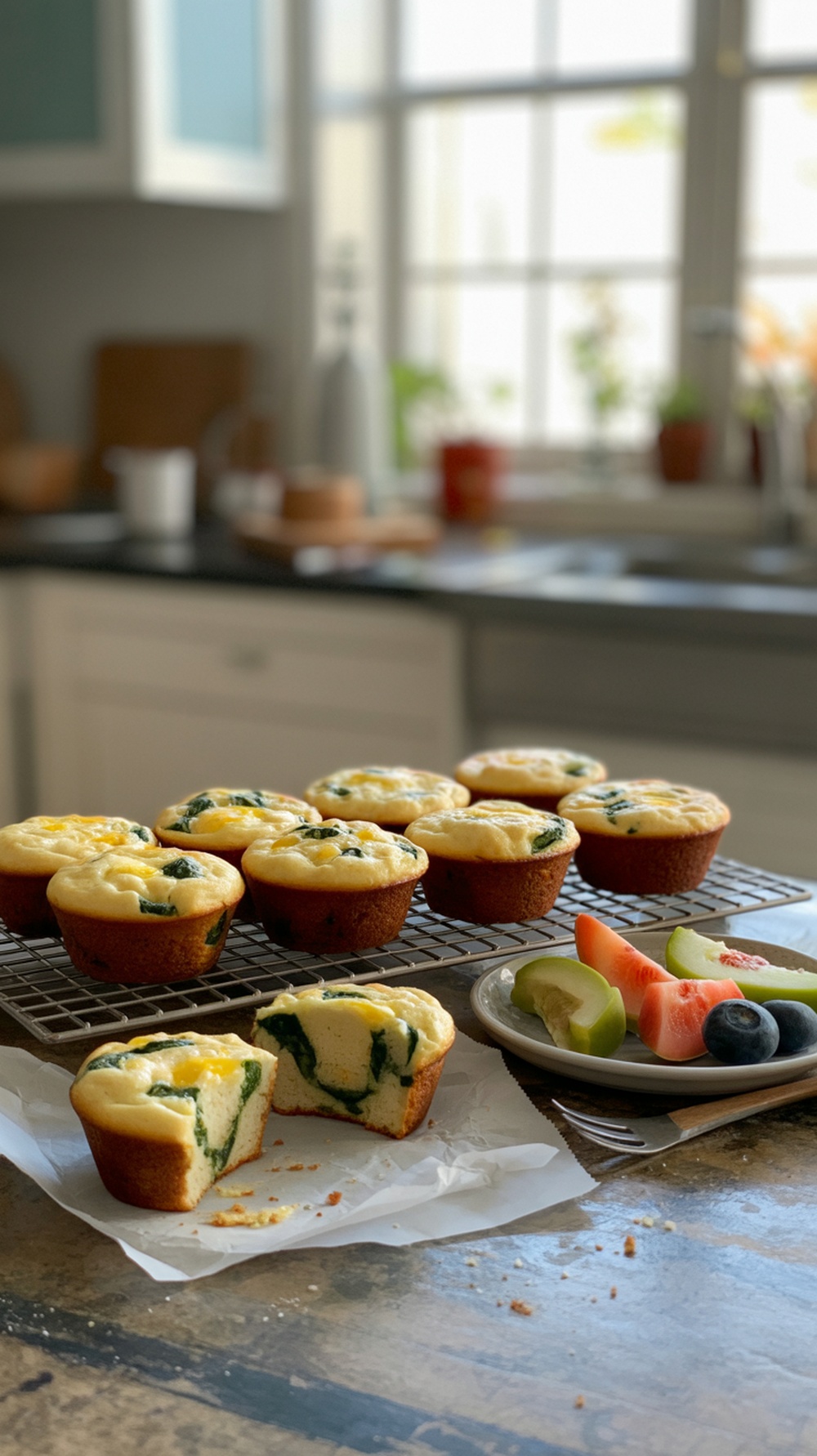 Egg and spinach breakfast muffins on a cooling rack with fresh fruit on a plate