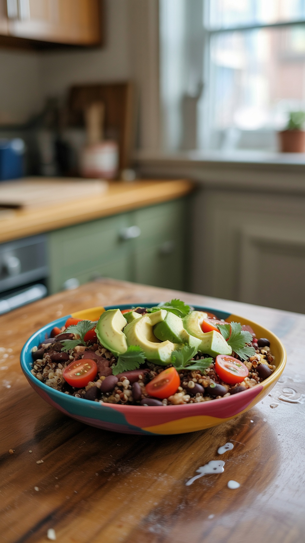 A colorful quinoa and black bean bowl topped with avocado and tomatoes.