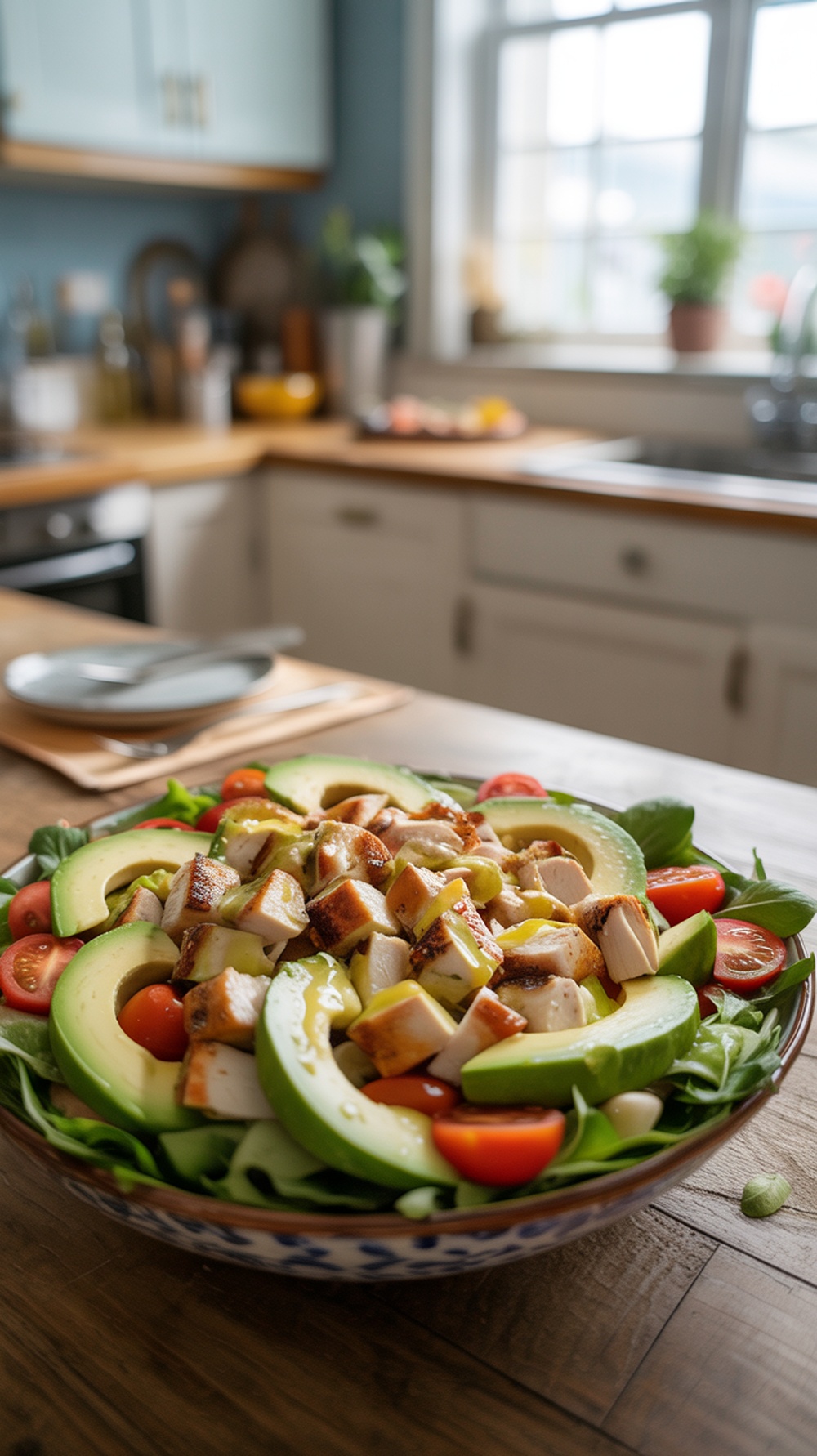 A colorful chicken salad with avocado, tomatoes, and greens in a bowl.