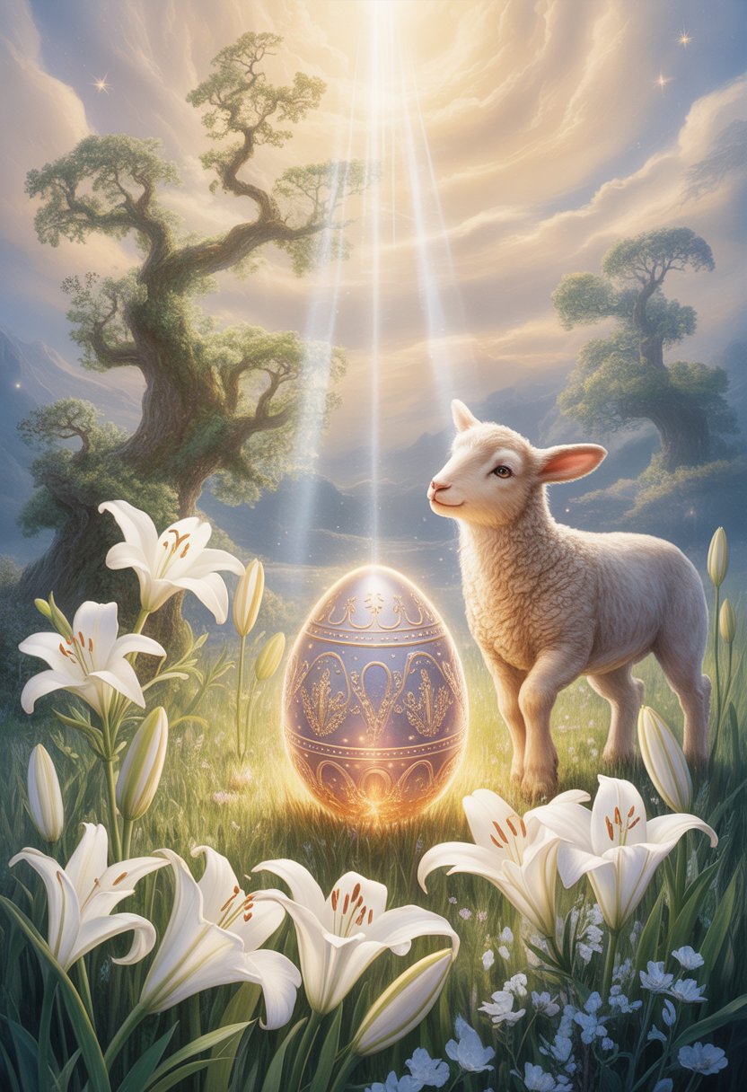 A glowing Easter egg on luminous grass, surrounded by white lilies and a gentle lamb, set in a magical forest under a radiant golden sky.