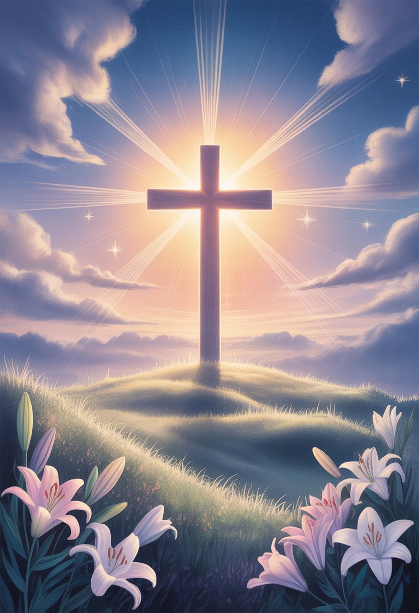 A glowing cross on a hill surrounded by mist and light, with flowers at its base and a starry sky in the background.