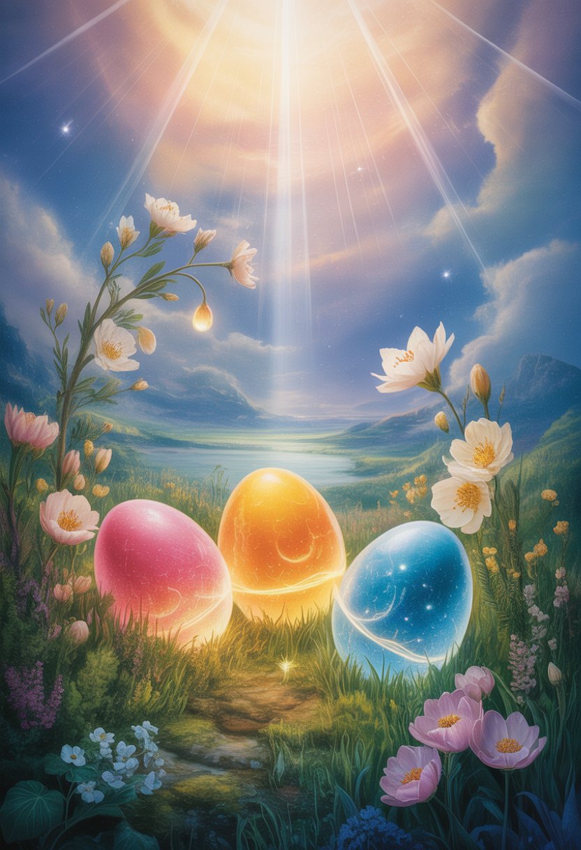 Glowing Easter eggs nestled among blooming flowers in a radiant, magical landscape with beams of light and floating sparkles.