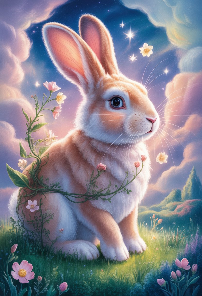 A glowing Easter Bunny surrounded by blooming flowers and green plants under a dreamy sky filled with pastel clouds and stars.