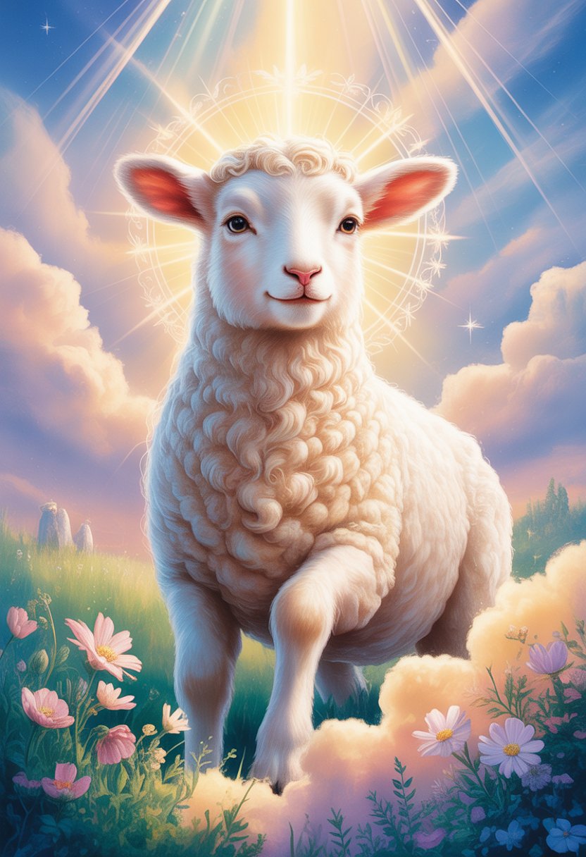 A glowing white lamb stands peacefully on flowers and clouds beneath a radiant sky filled with stars and soft light.