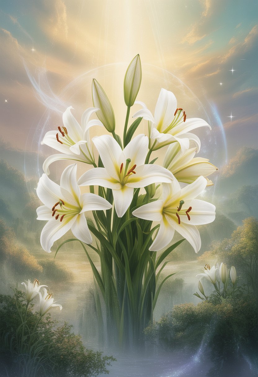 A glowing cluster of white lilies standing tall in a misty, radiant landscape with soft light and stars around them.