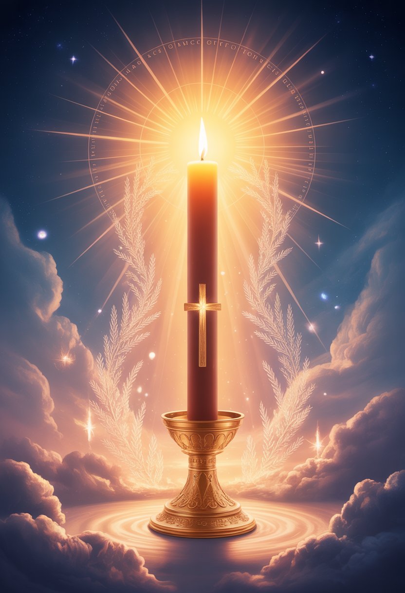 A glowing Paschal Candle shining brightly in darkness, surrounded by soft light and stars.