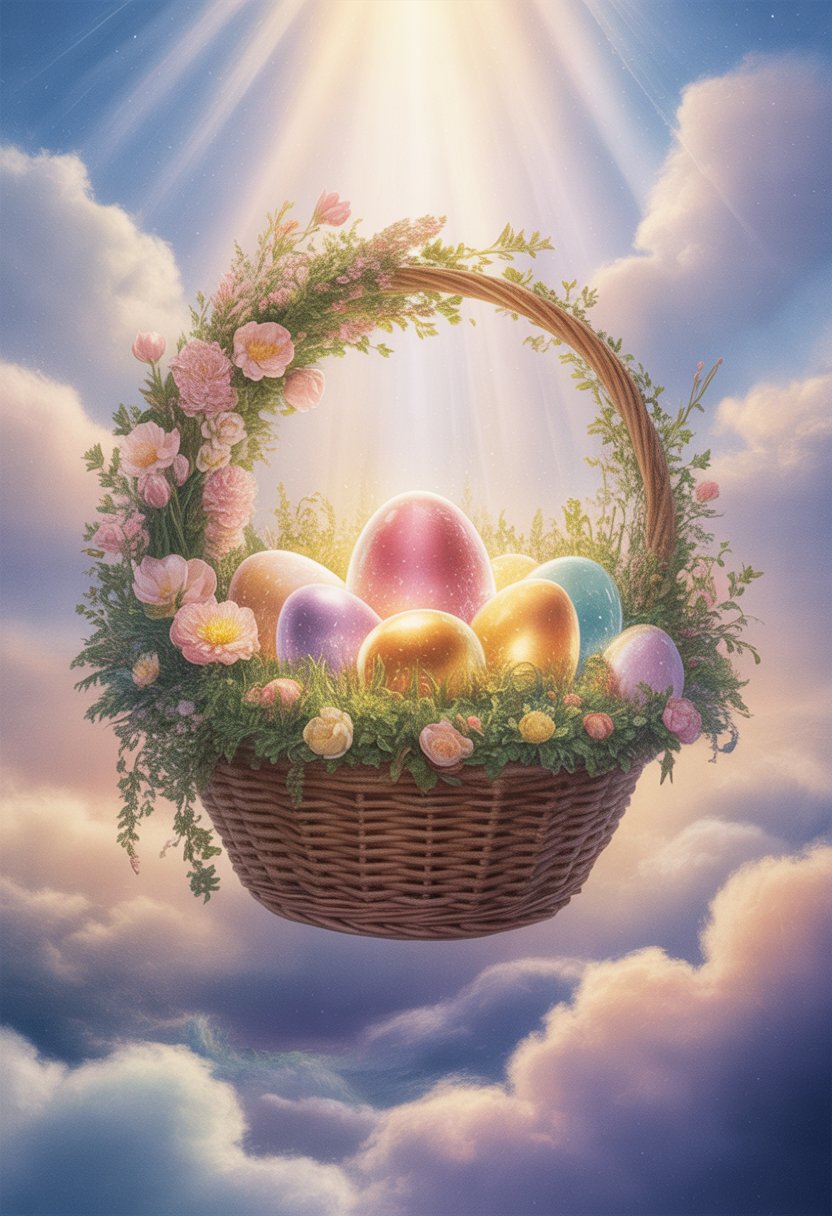 An Easter basket overflowing with glowing eggs and spring flowers, set in a glowing, magical landscape with soft light and a dreamy sky.