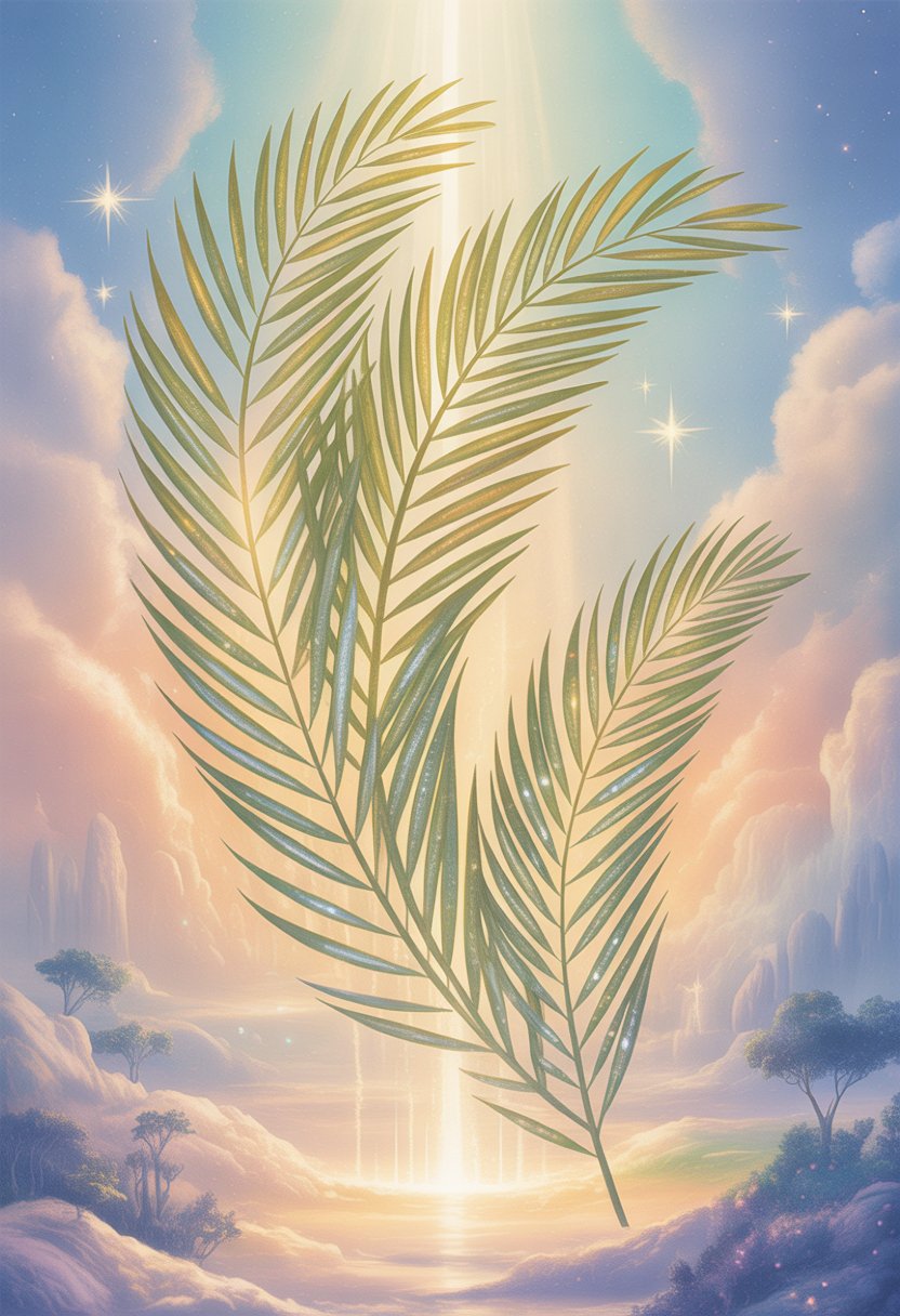 Glowing palm branches floating against a soft pastel sky with clouds and stars, symbolizing victory and peace.