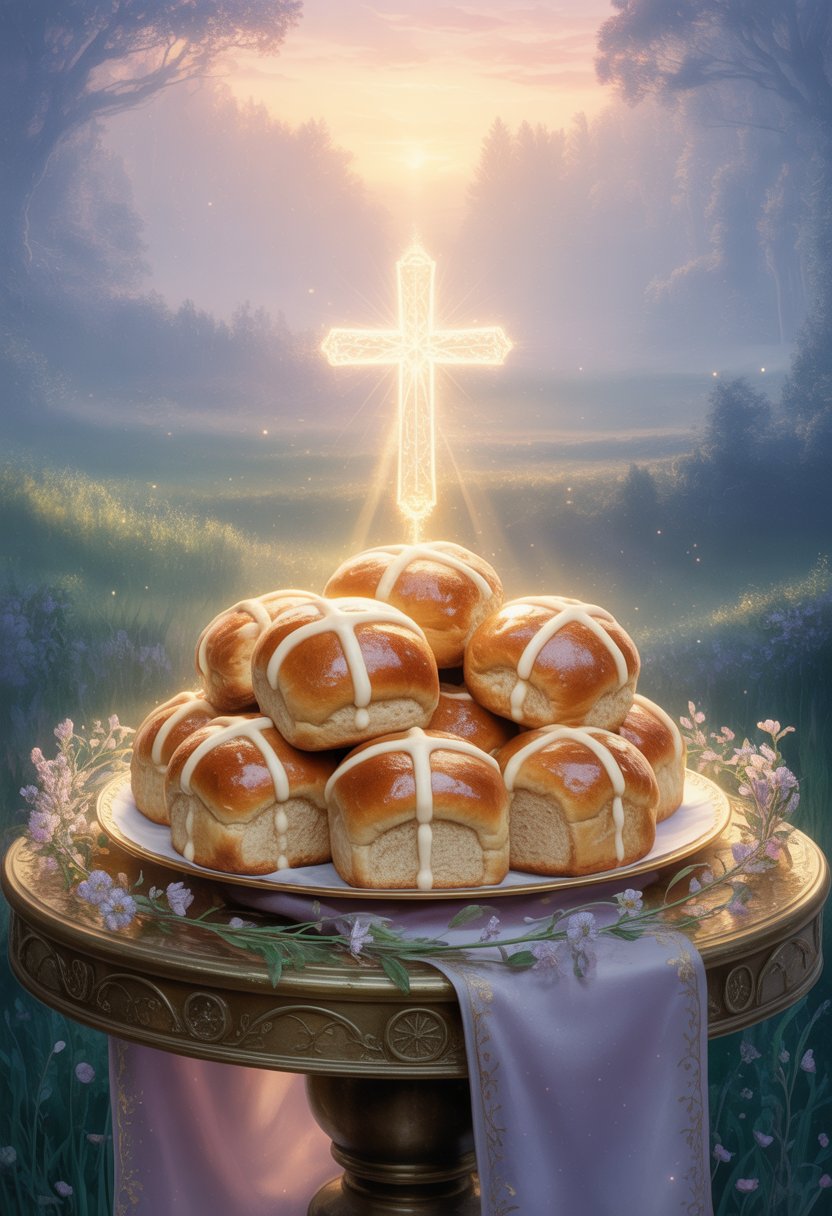A glowing cluster of hot cross buns on a wooden table beneath a floating light cross, set in a misty forest at dawn.