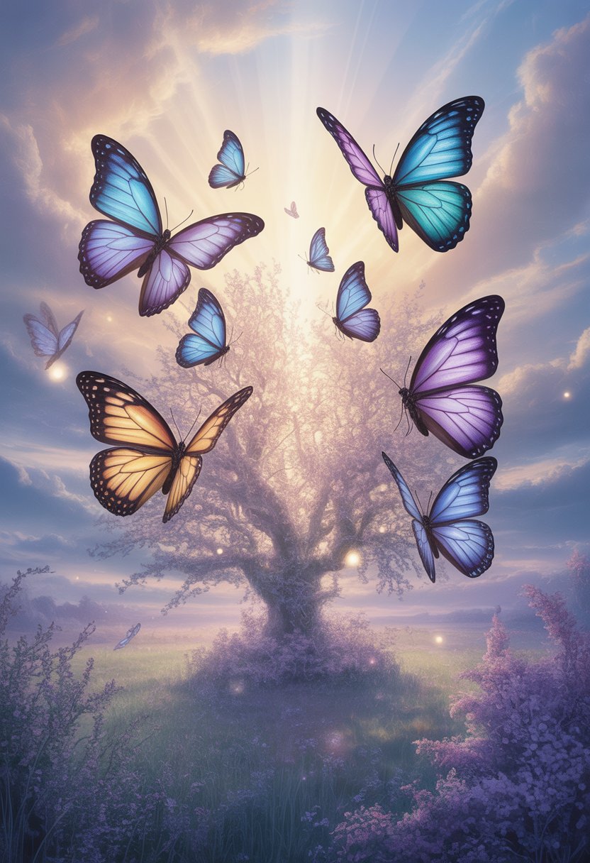 A radiant tree surrounded by glowing butterflies fluttering in a soft, colorful sky.