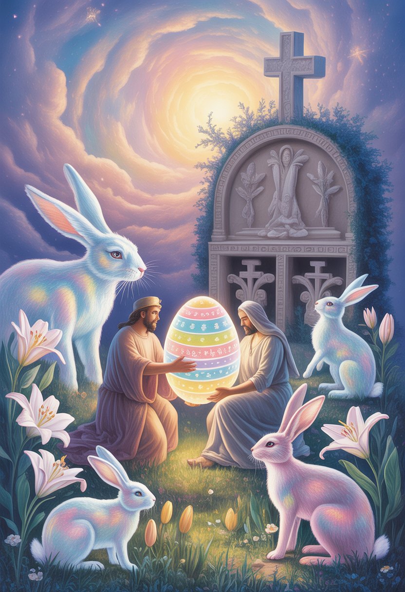Ancient figures holding glowing Easter eggs surrounded by rabbits and lilies near a stone altar under a starry sky.
