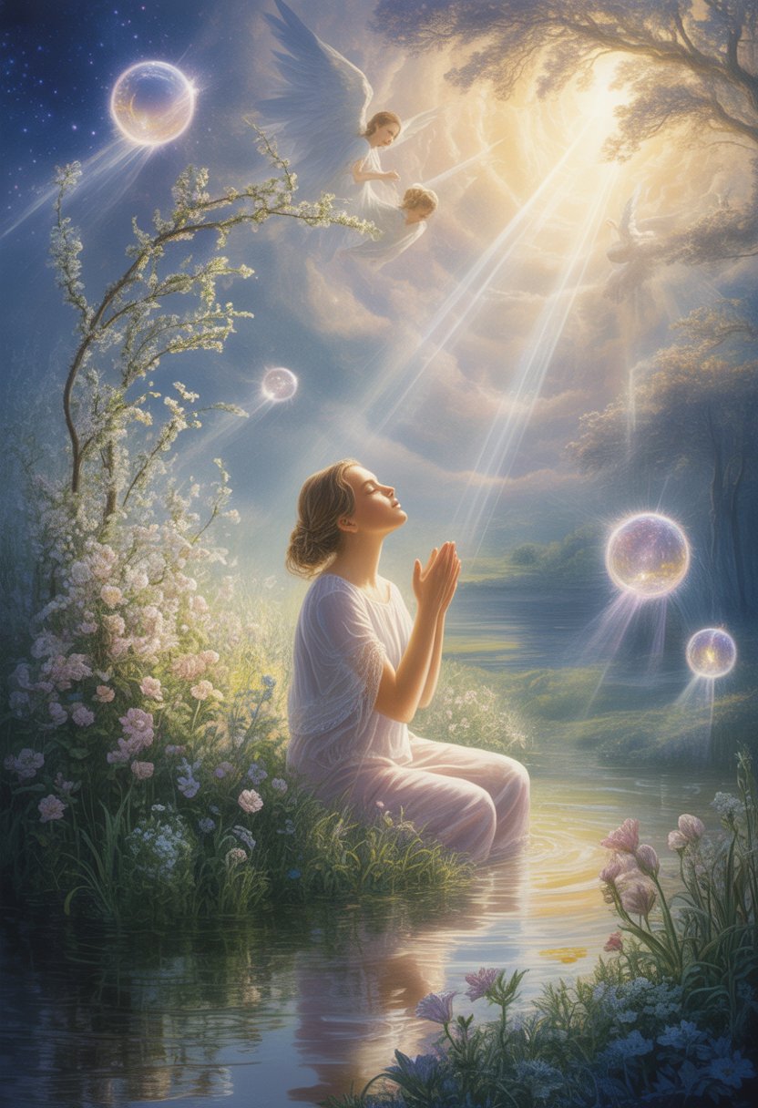 A woman in a peaceful garden surrounded by glowing light and blooming flowers, praying under a starry sky with angelic figures in the background.