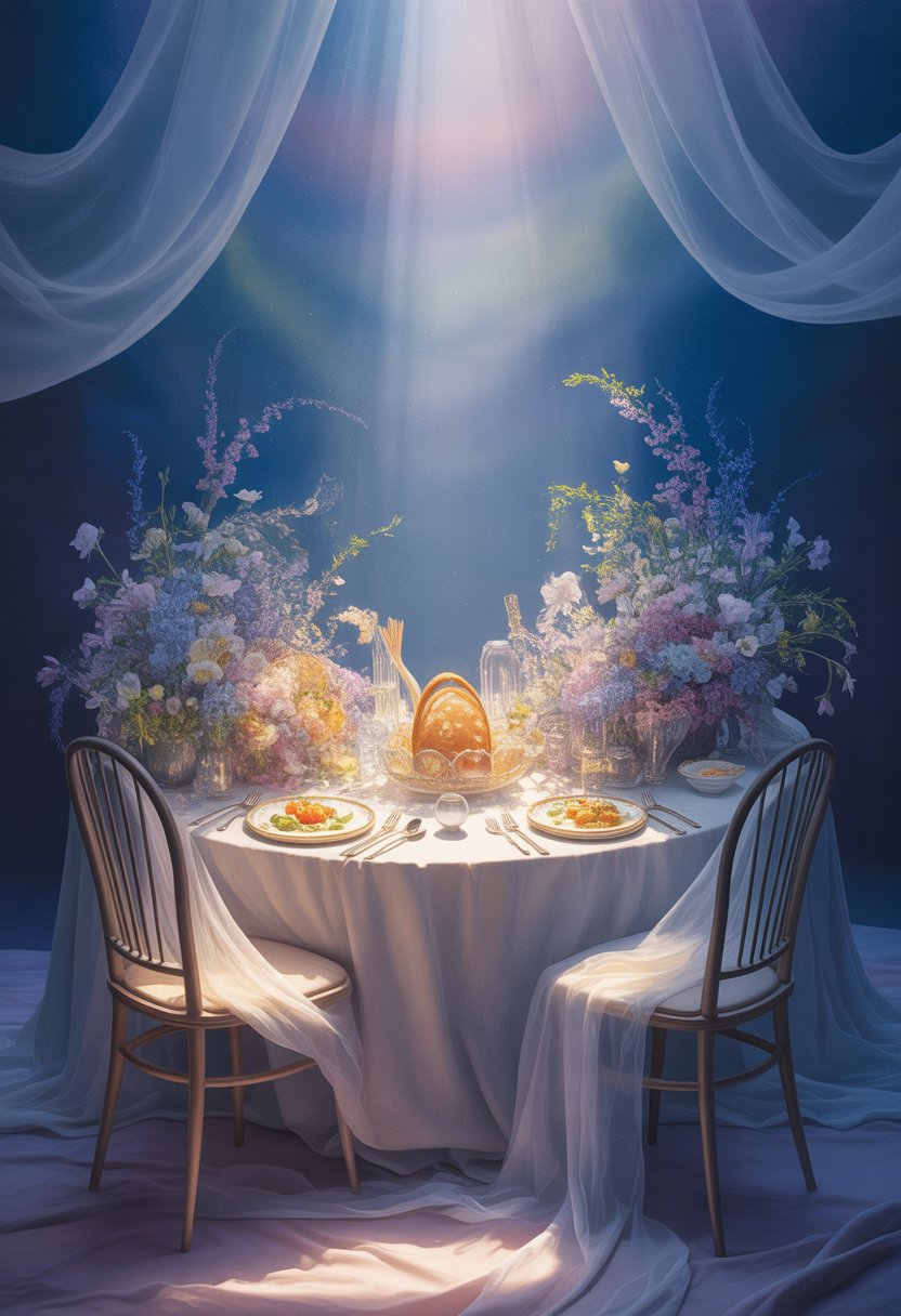 A beautifully set Easter dinner table for two with glowing dishes and floral decorations under a starry sky with beams of light shining down.