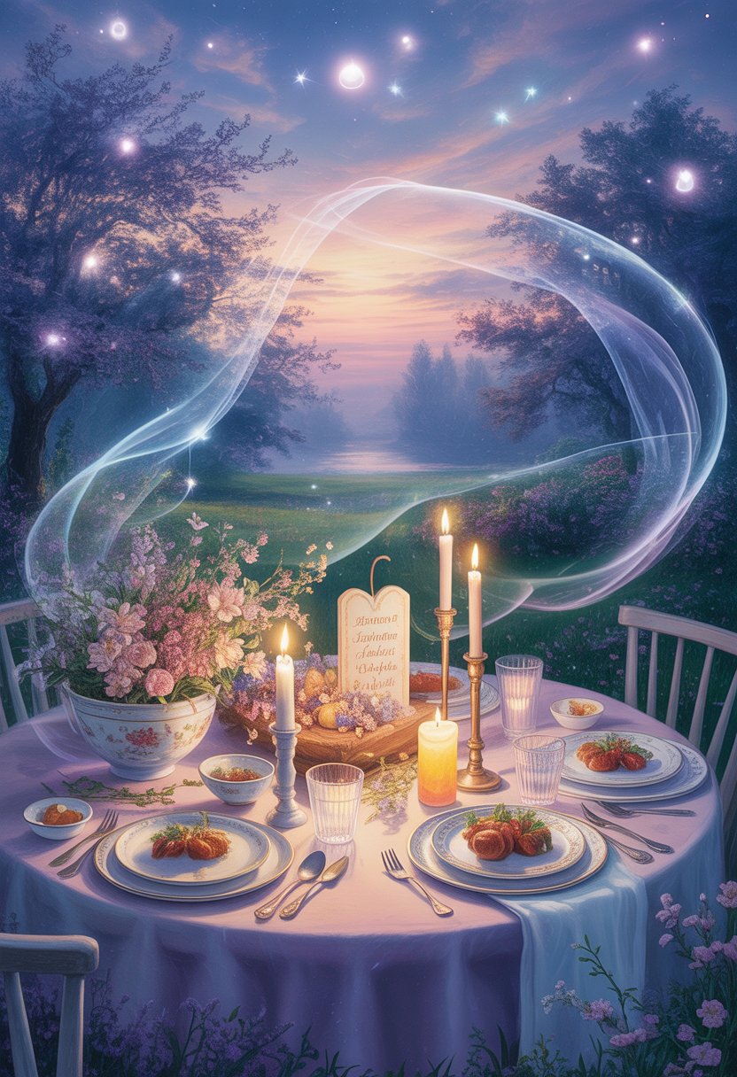 An intimate Easter dinner for two set outdoors at twilight with a table adorned with food, candles, and spring flowers under a starry sky.