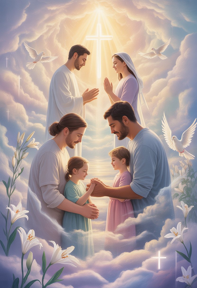 A family gathered together outdoors, holding hands and sharing a peaceful moment surrounded by soft glowing light and gentle clouds.