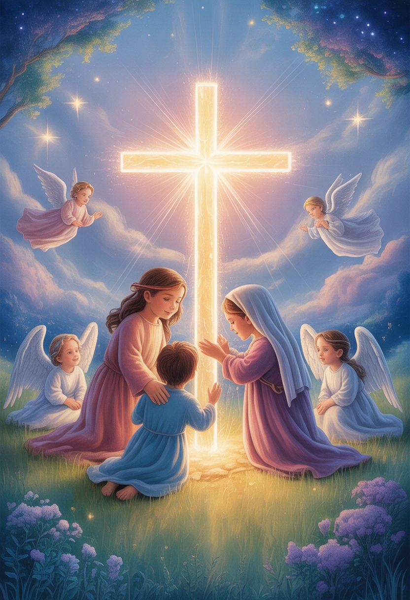 Children gathered peacefully around a glowing cross in a celestial landscape with angels and soft light.